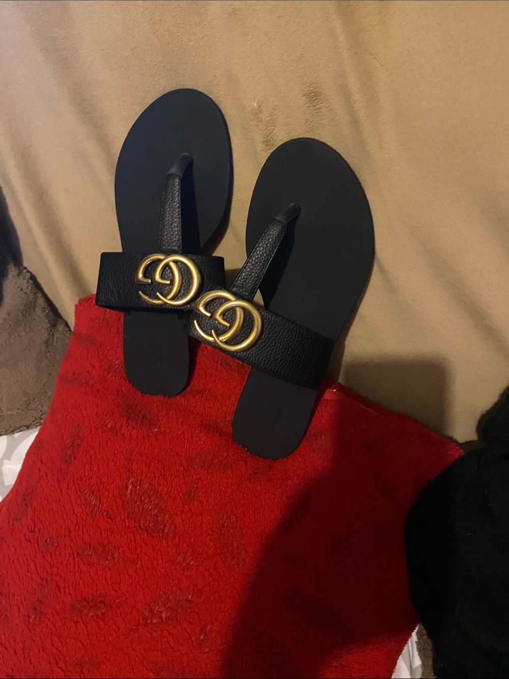 Black Leather Double-G Gold Accent Women's Slide Sandals